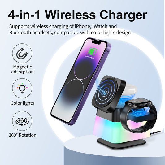 Supporto per caricabatterie wireless con illuminazione colorata girevole 4 in 1 per telefono 16 15 14 13 12 Pro Max 8 7 Stazione di ricarica magnetica rapida